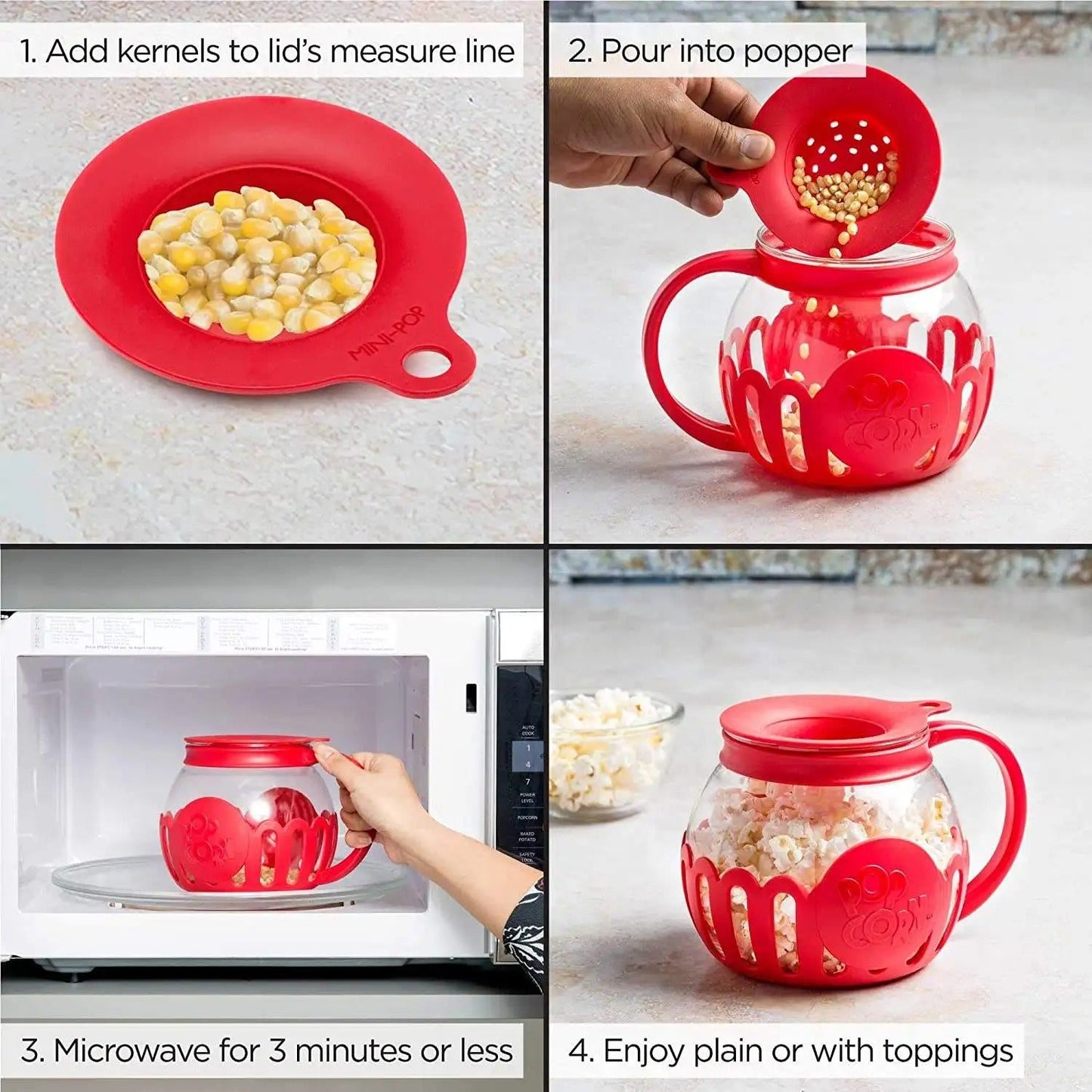 Glass Microwave Popcorn Maker - 3-in-1 Lid Ecolution Patented Micro-Pop Microwave Popcorn Popper