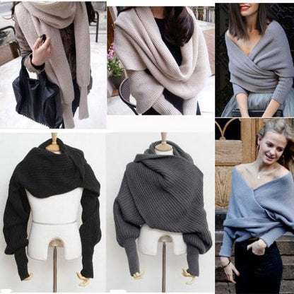 Knitted Wrap Scarf With Sleeves - Sexy V-neck Off Shoulder Winter Warm Shawl Scarves