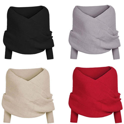 Knitted Wrap Scarf With Sleeves - Sexy V-neck Off Shoulder Winter Warm Shawl Scarves