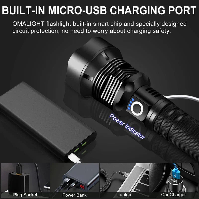 LED Rechargeable Tactical Laser Flashlight - 90000 Lumens High Powered and Waterproof Flash Light