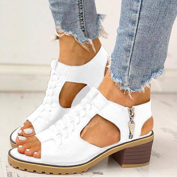 Libiyi Peep Toe Cutout Zipper Chunky Heeled Sandals