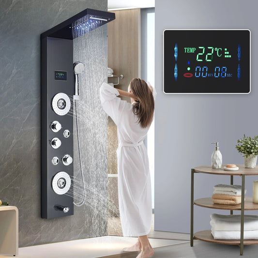 Shower Panel Tower Massage System -  LED Waterfall Shower Water Top Spray Temperature Display Faucet