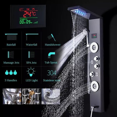 Shower Panel Tower Massage System -  LED Waterfall Shower Water Top Spray Temperature Display Faucet