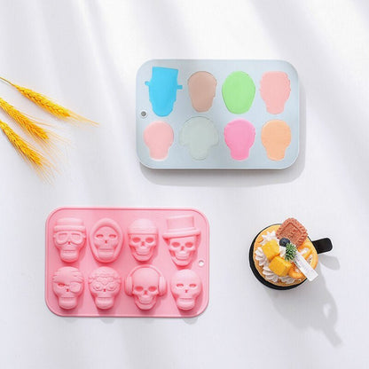 Skull Cake Mold - Halloween Silicone Mold 8 -hole for Jelly Cake, Ice Cube, Crayon, Soap, Halloween Party Decorations